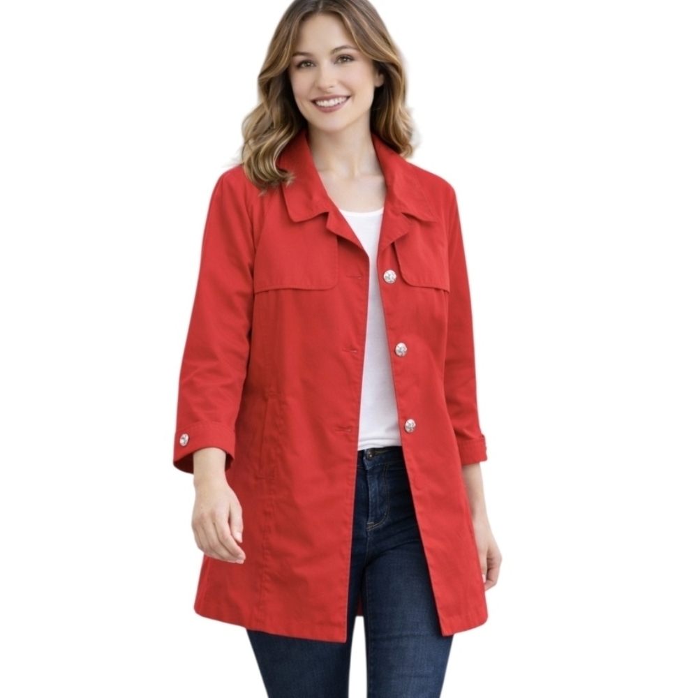 Calvin Klein Cherry Red A-Line Trench Coat 3 Button  Rain-Resistant Preppy XL